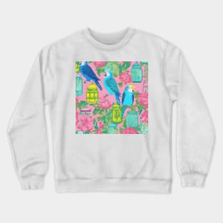 Preppy budgies and chinoiserie jars on pink Crewneck Sweatshirt